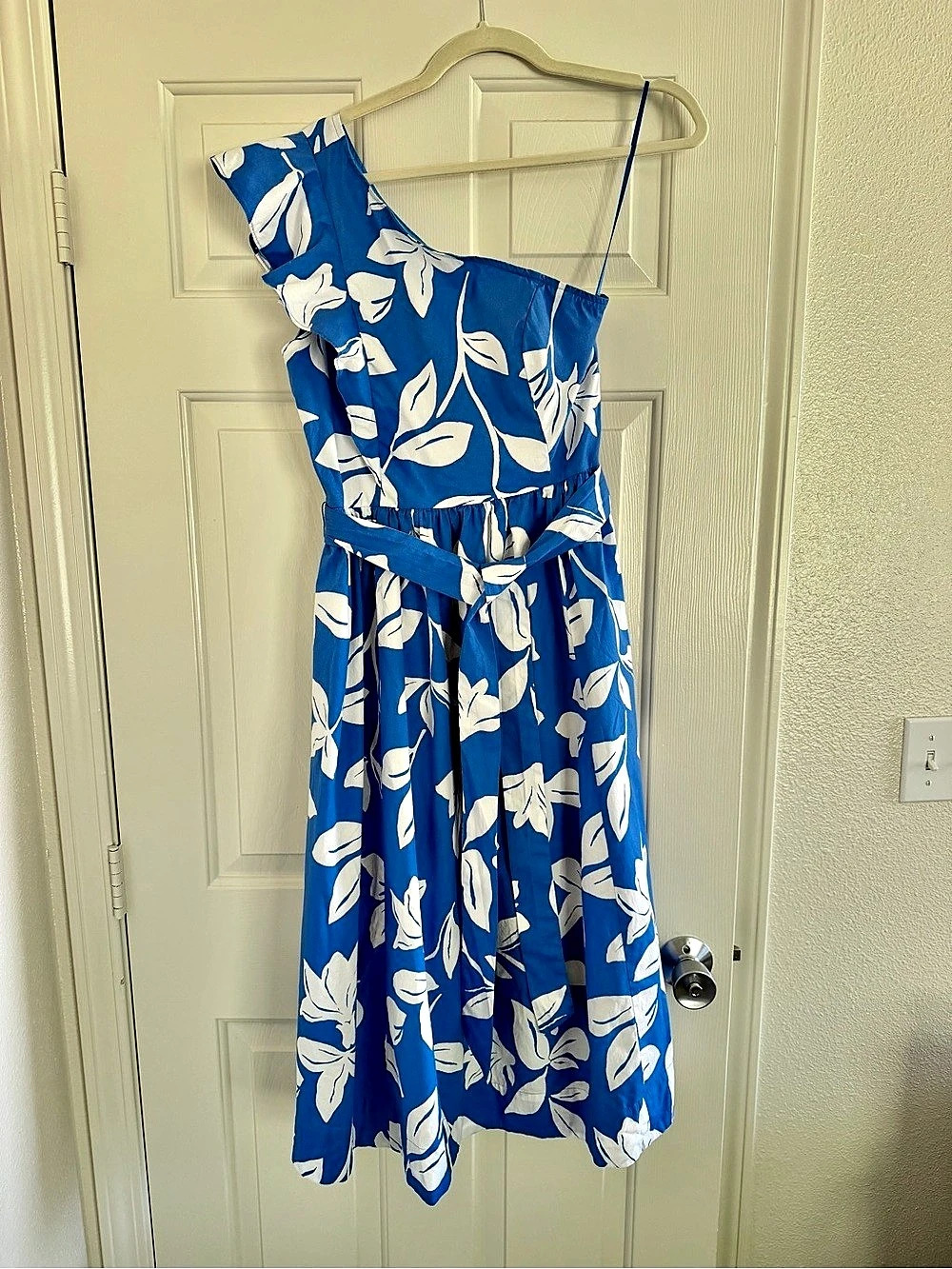 J.Crew Factory One-Shoulder Floral Midi Dress Blue & White